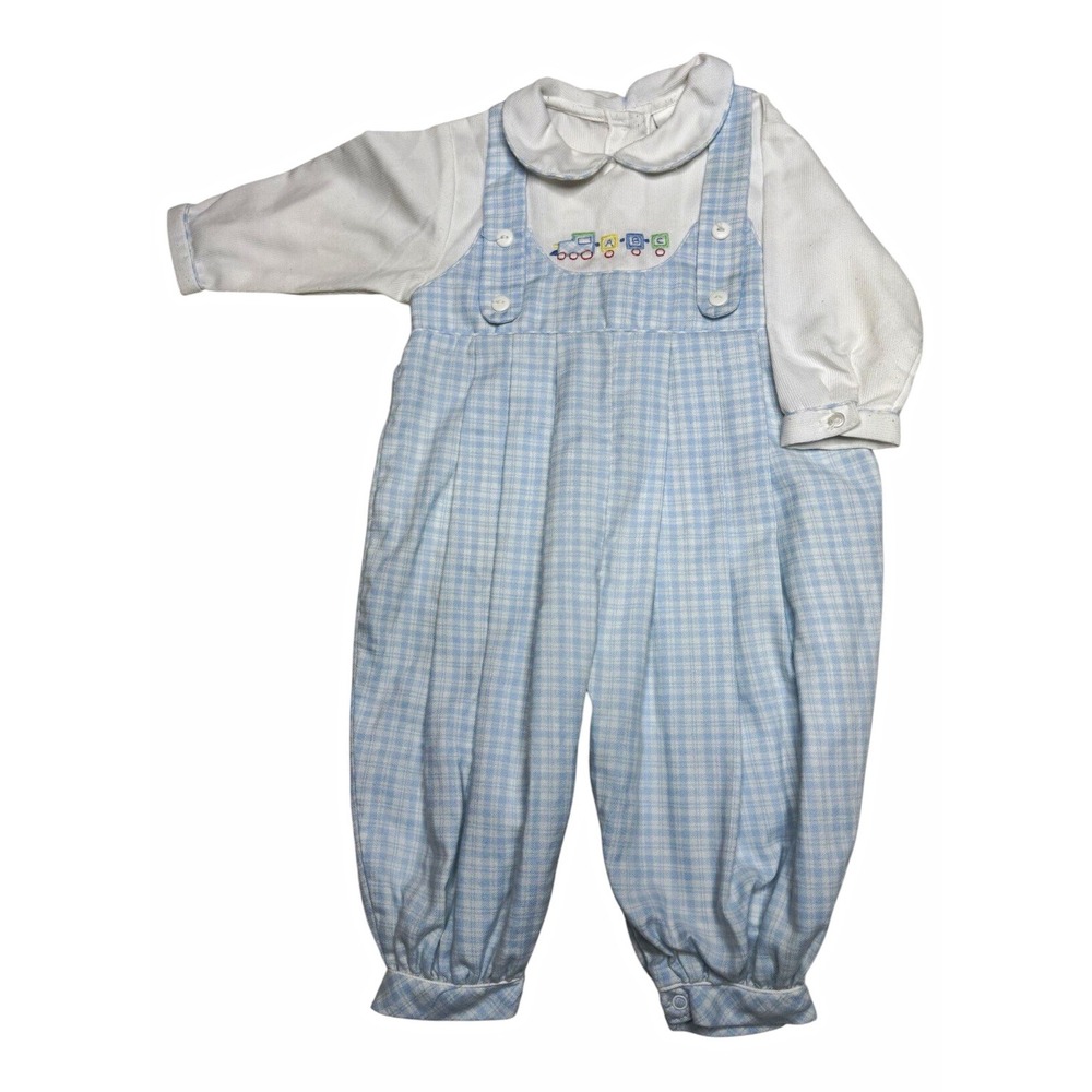VTG Boys Carter's Blue Plaid Overall One-Piece longall Train 6 Months